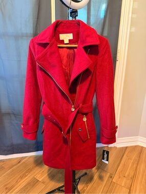 Michael Kors Red Wool-Blend Belted Asymmetrical Coat